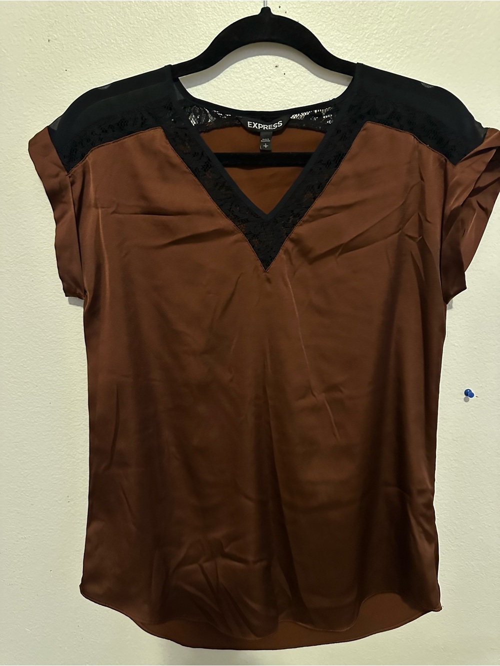 Express Brown Satin V-Neck Blouse with Black Lace Trim